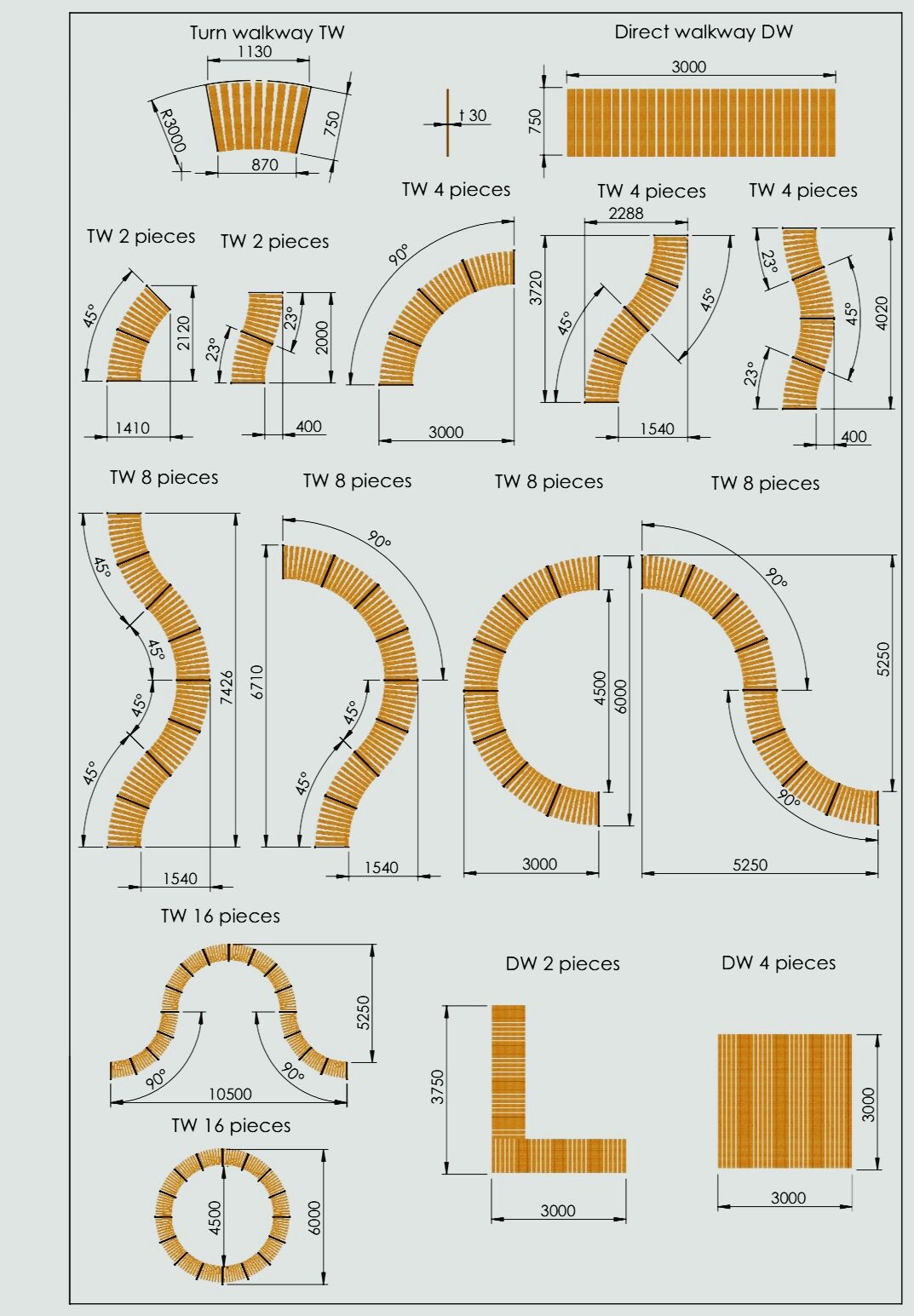 Radius turn for wooden walkways